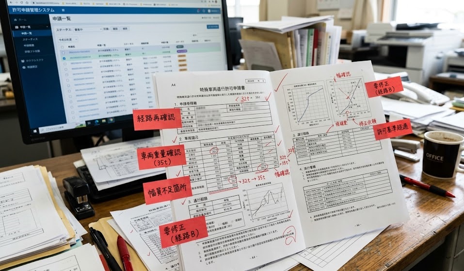 特殊車両通行許可申請書に赤い付箋と赤ペンで修正指示が入ったデスク。背景に許可申請管理システムの画面