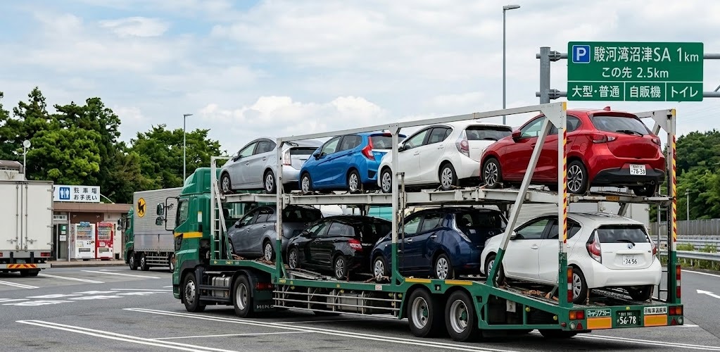 上段・下段に乗用車を積載したセミトレーラ型キャリアカー（自動車運搬車）