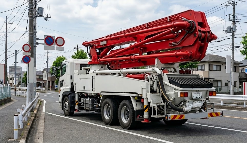 ブームを格納した大型コンクリートポンプ車（GVW25tクラス）が道路に停車している様子