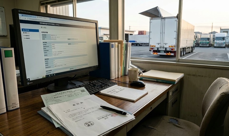 早朝のトラックヤードに並ぶ大型トラックと、手前の車止めに置かれた申請書類とペン