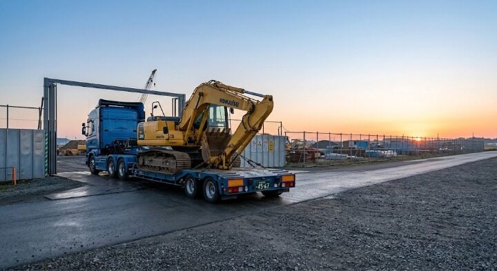 夜明けの建設現場で低床トレーラーにショベルカーを積載したセミトレーラ。重機回送の特車申請が必要な車両構成のイメージ