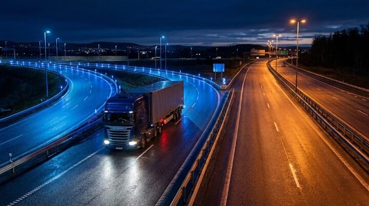 許可制度と確認制度の分岐を表す、夜明けの高速道路を走る大型トレーラー