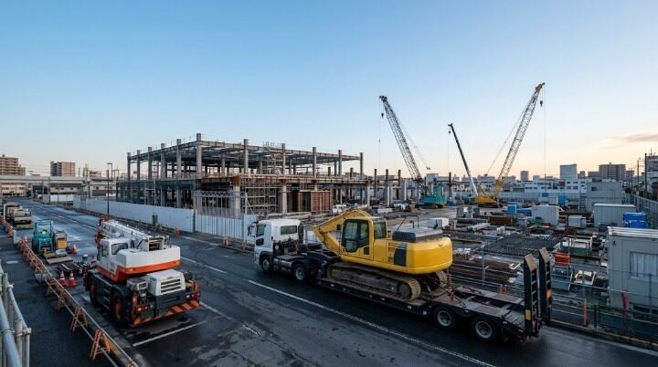 建設現場に停車するラフタークレーンと重機積載の低床トレーラー