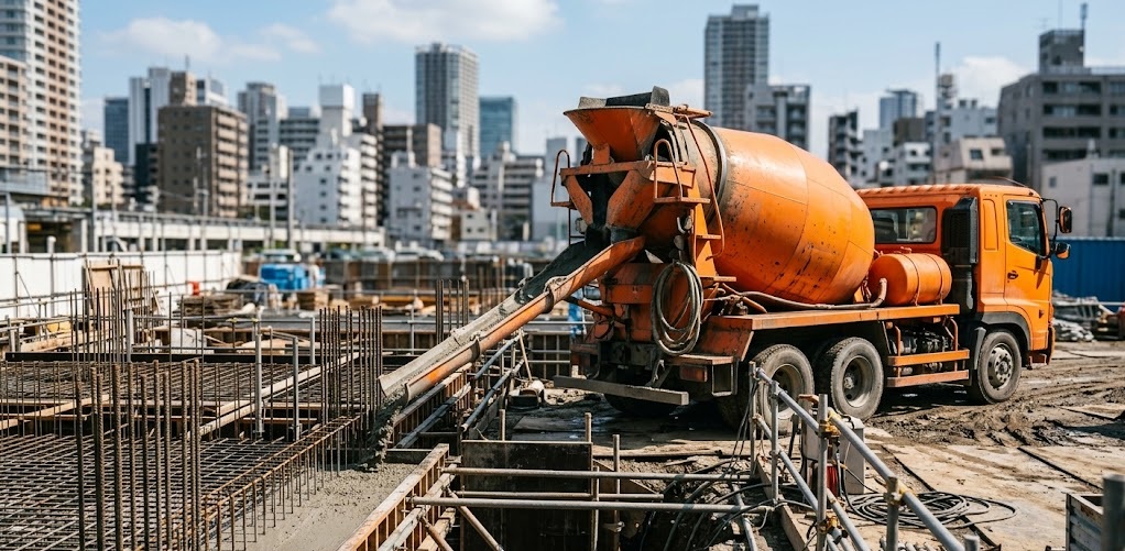 建設現場でミキサー車が生コンクリートを打設している場面。積載量と総重量管理が必要な特車申請の対象車両。