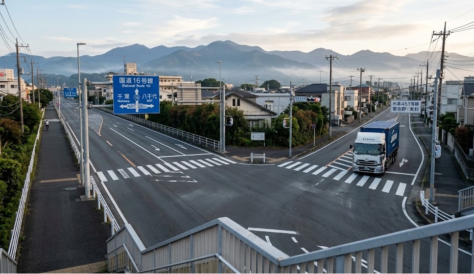早朝の交差点で国道の青い案内標識と市道の白い案内標識が分岐し、大型トラックが市道側に停車している風景