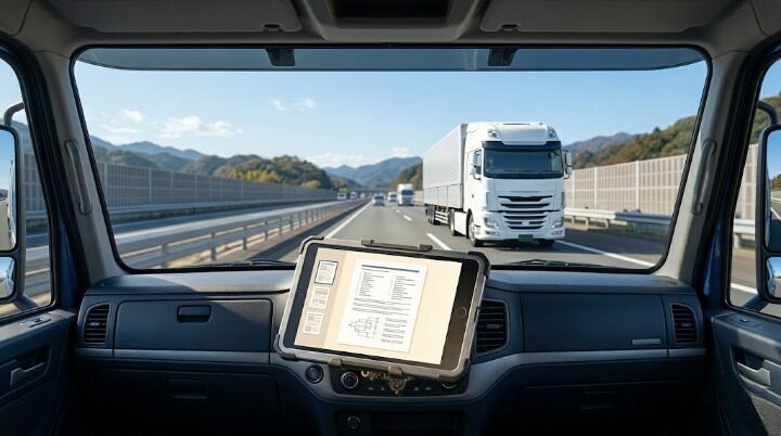 大型トラックの運転席ダッシュボードに設置されたタブレットに特殊車両通行許可証のPDFが表示されている。フロントガラスの外には日本の高速道路とトレーラトラック。