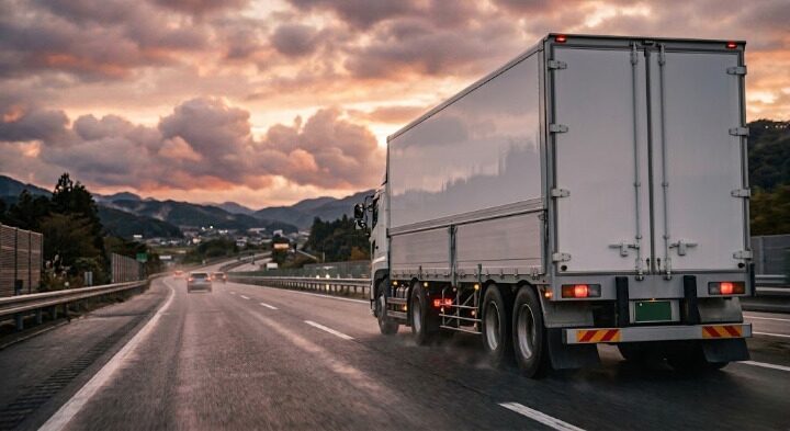 特殊車両通行許可の申請対象となる大型ウィングトレーラーが日本の高速道路を走行している