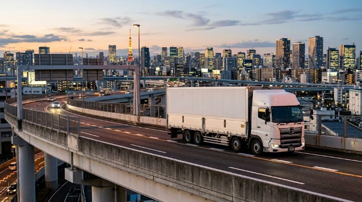 首都高速道路の高架橋を走行する大型トレーラーを真横から撮影した写真
