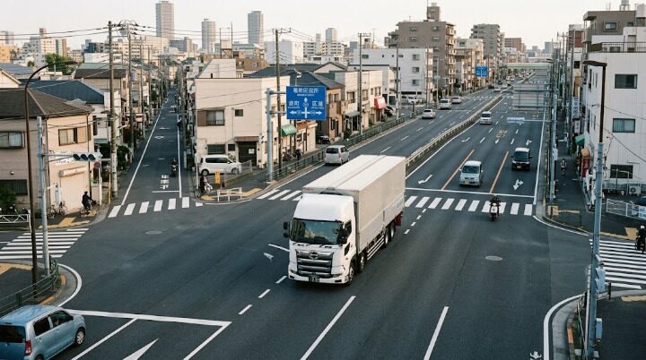 東京都内の幹線道路と区道が交わる交差点を大型トラックが走行する様子
