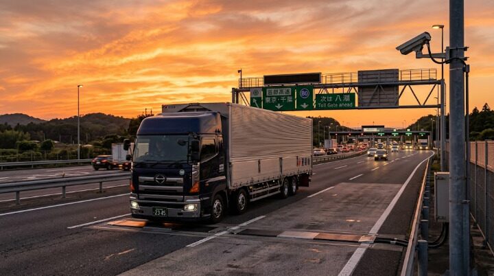 夕焼けの高速道路で監視カメラ付き計測区間を通過する大型トラック｜トラック・物流Gメンによる特車取締りのイメージ