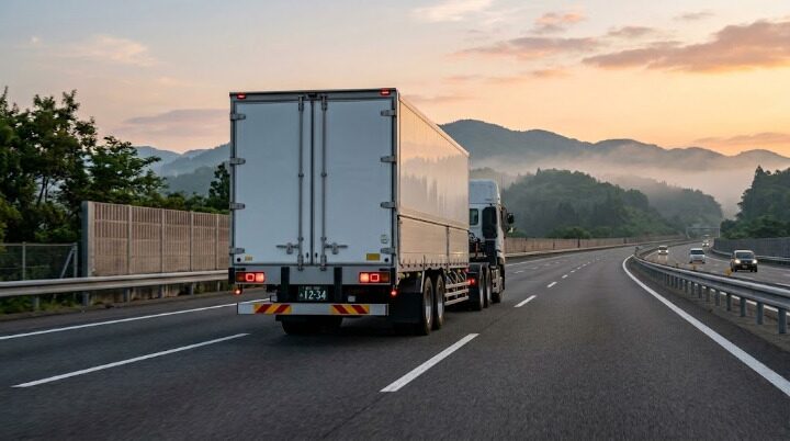 `早朝の日本の高速道路を走行する白いセミトレーラーの後方カット。緑の山並みと防音壁が見える片側3車線の高速道路`
