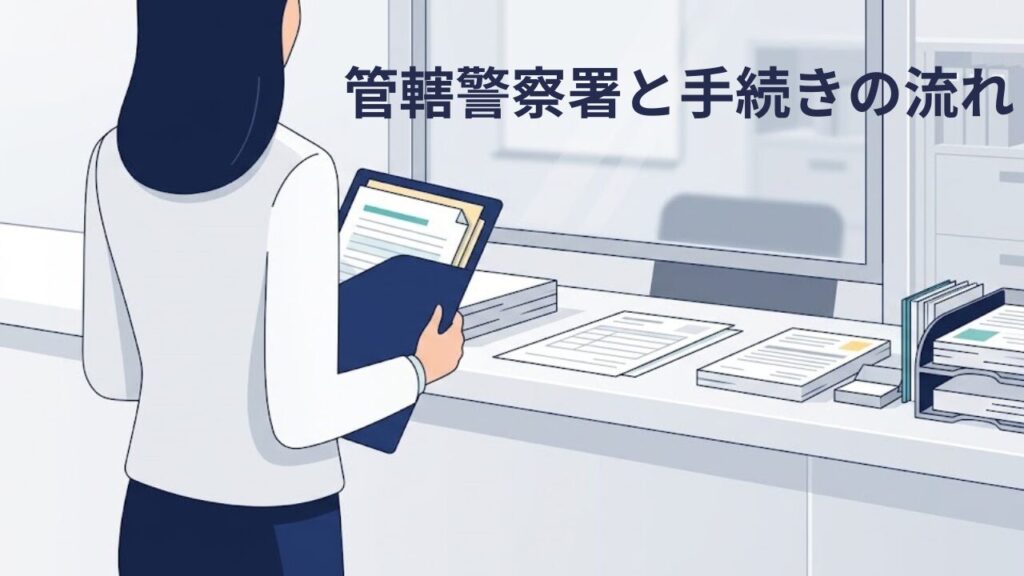 書類を持って警察署の窓口に立つ人のイラスト