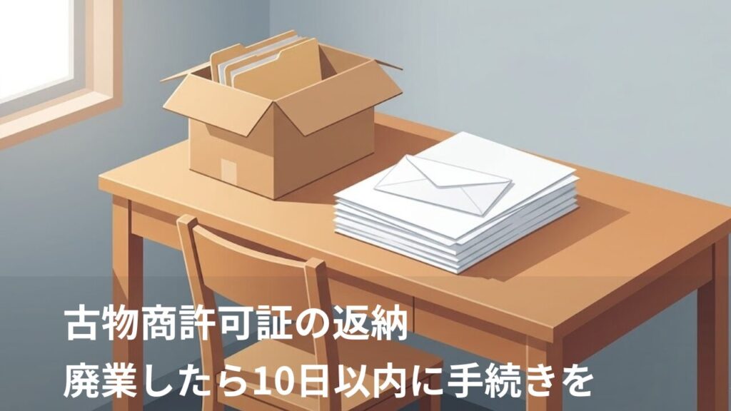 古物商許可証を返納するために書類と封筒を準備した机のイメージ