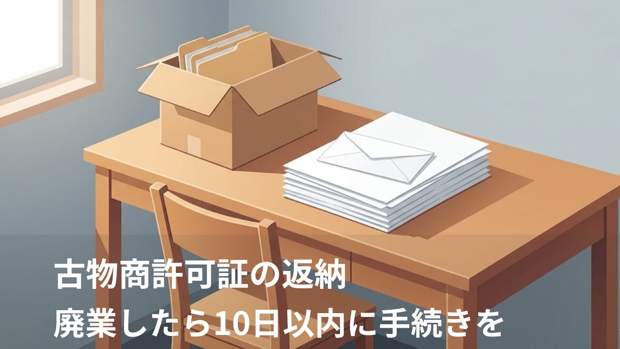古物商許可証を返納するために書類と封筒を準備した机のイメージ