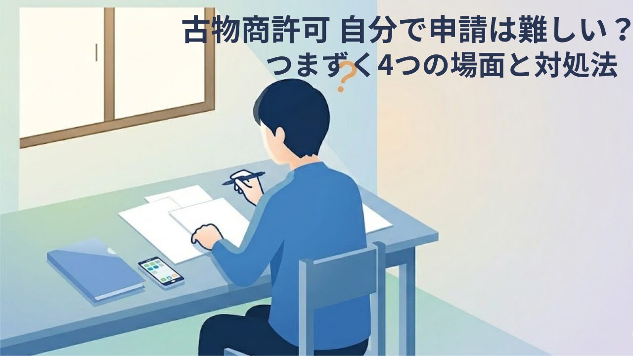 **Alt属性：** 「古物商許可の申請書類を前にペンが止まっている人のイラスト」