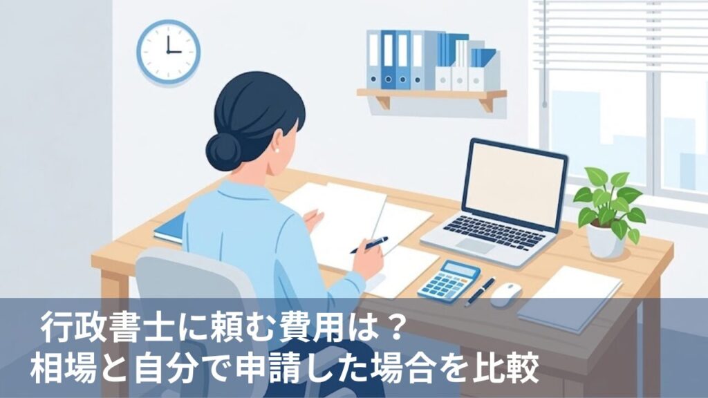 古物商許可の申請書類と電卓をデスクで確認している人物のイラスト