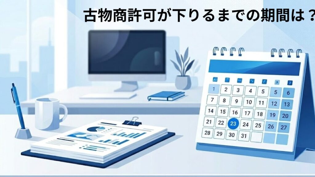 古物商許可の審査期間をイメージしたカレンダーと書類のイラスト