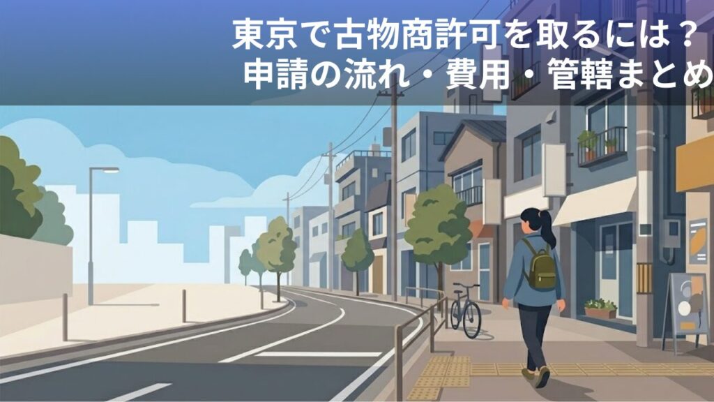 東京の街を歩く人物のイラスト｜古物商許可申請のイメージ