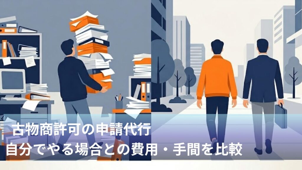 古物商許可の申請を自分で進める場合と行政書士に代行を依頼した場合の違いを表すイラスト