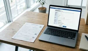 特車申請の車検証照合エラーを確認するため車検証とパソコン画面を照合するイメージ