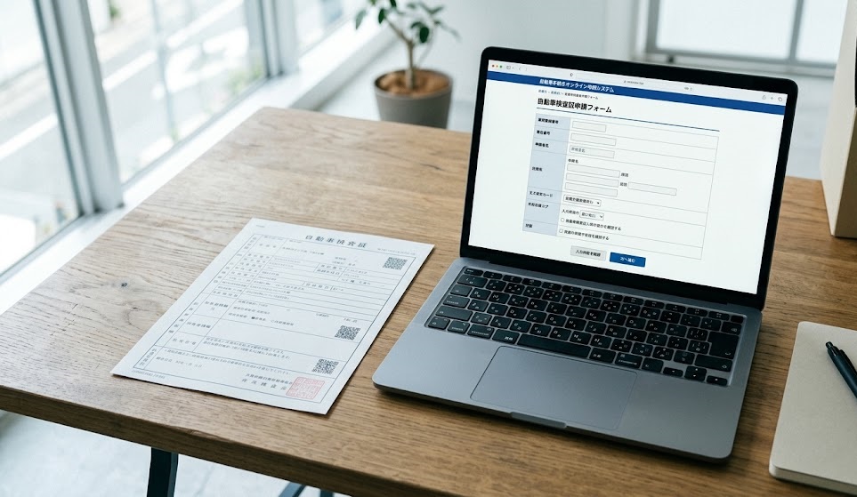 特車申請の車検証照合エラーを確認するため車検証とパソコン画面を照合するイメージ