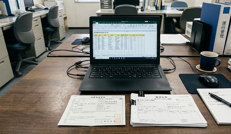 特車申請の自社申請に取り組む物流会社の配車担当者がパソコンと車検証を確認している様子