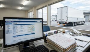 特車申請のシステム画面が表示されたパソコンと、窓外に停車する大型トラック
