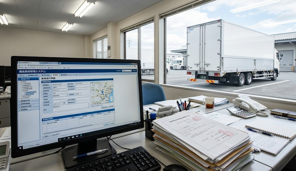 特車申請のシステム画面が表示されたパソコンと、窓外に停車する大型トラック