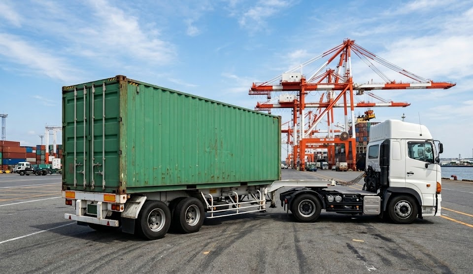 港のコンテナターミナルで40フィート海上コンテナを積んだセミトレーラー