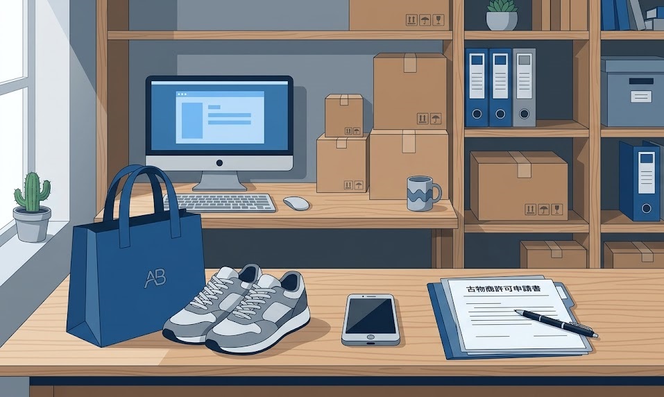 自宅デスクのフラットイラスト。青とグレーのトーンで、デスク上にブランドバッグ・スニーカー・スマートフォンと古物商許可申請書類が並び、背後の棚にダンボール箱とファイルボックスが置かれている。