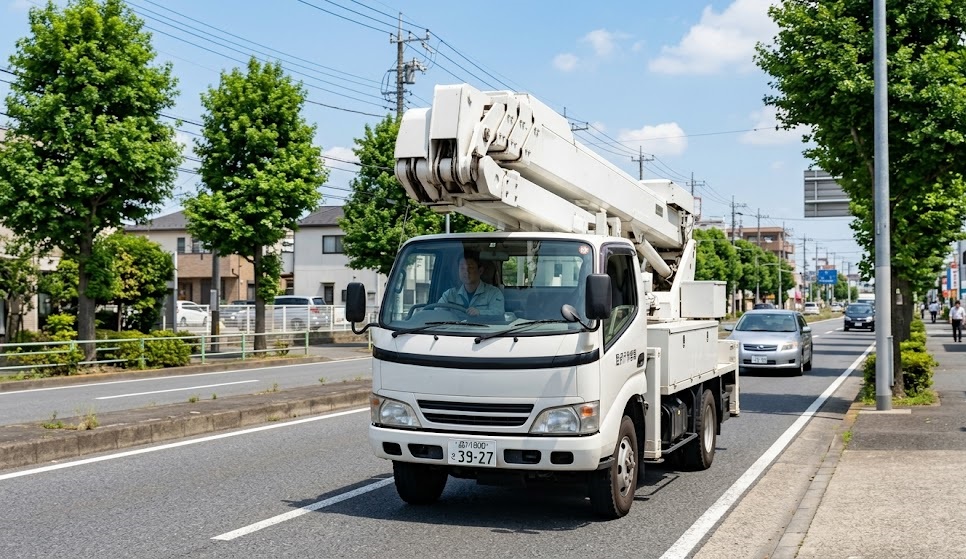 公道を自走する大型高所作業車。特殊車両通行許可申請が必要な格納状態での走行シーン。