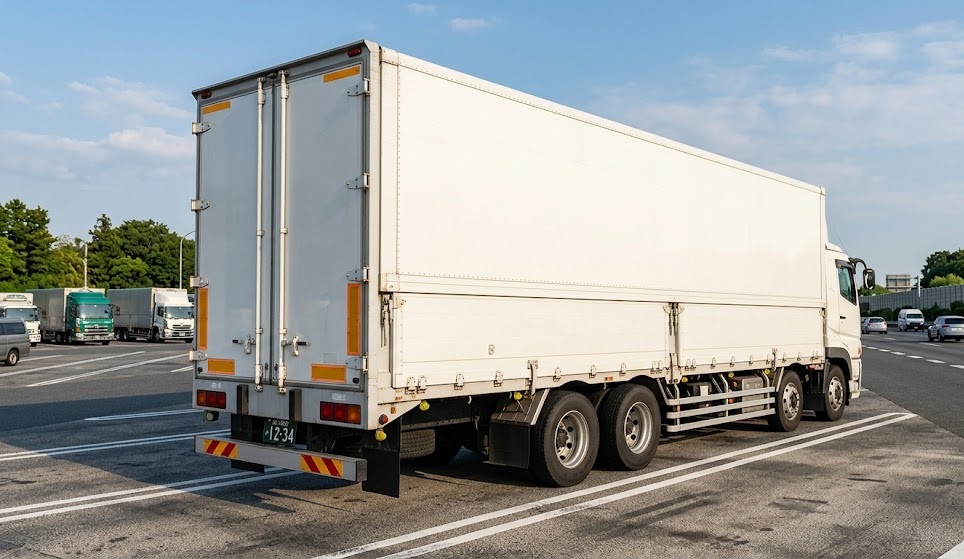 白い大型トラックの側面。車検証の型式変更と特殊車両通行許可申請の対応イメージ。