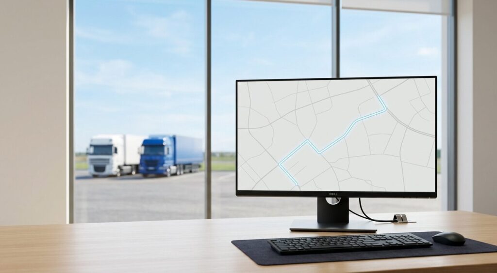 特殊車両通行確認制度の申請画面イメージ｜運送会社のオフィスデスクとトラック