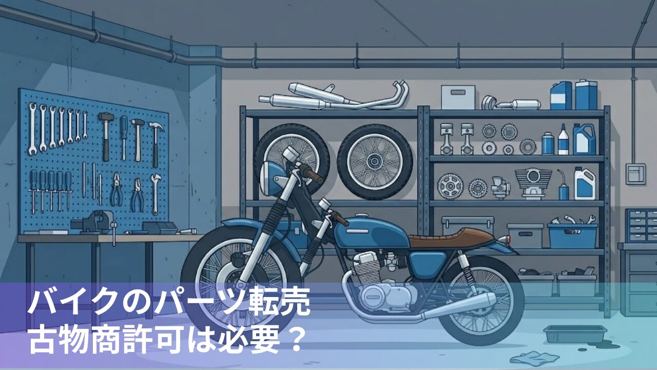 `バイクのガレージ内部のフラットイラスト。青いレトロバイクを中心に、左壁のペグボードに工具、背後の棚にホイール・マフラー・エンジンパーツが並んでいる。`