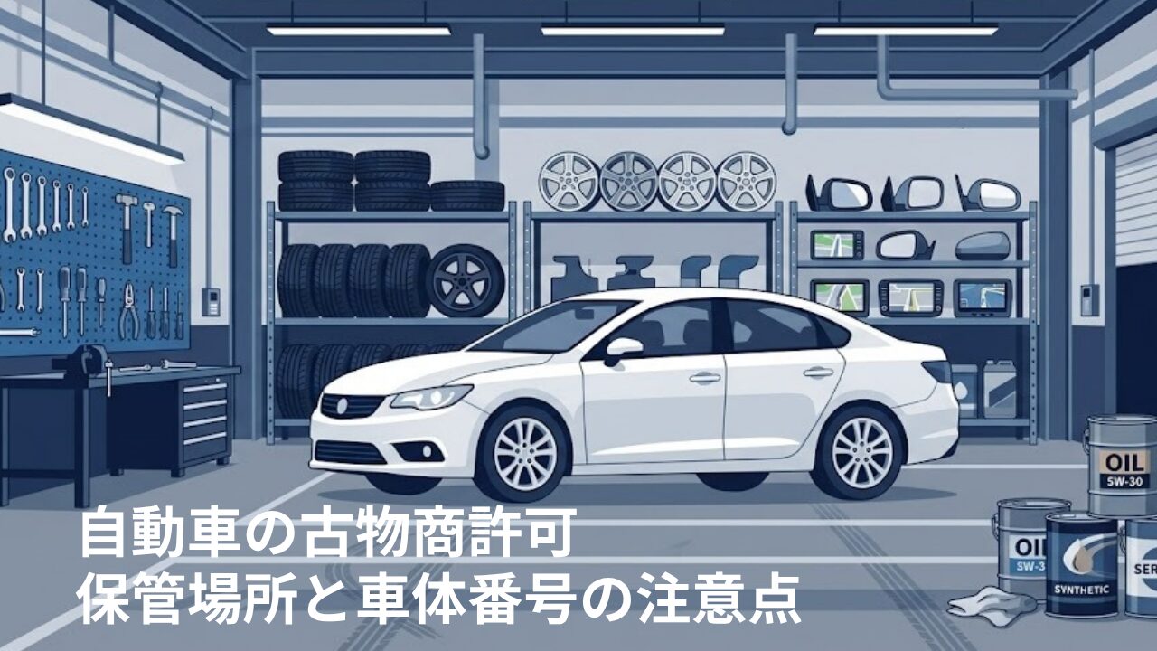 自動車ガレージ内部のフラットイラスト。青とグレーのトーンで、中央に白いセダン、背後の棚にタイヤ・ホイール・カーナビが並び、左壁のペグボードに工具が掛かっている。