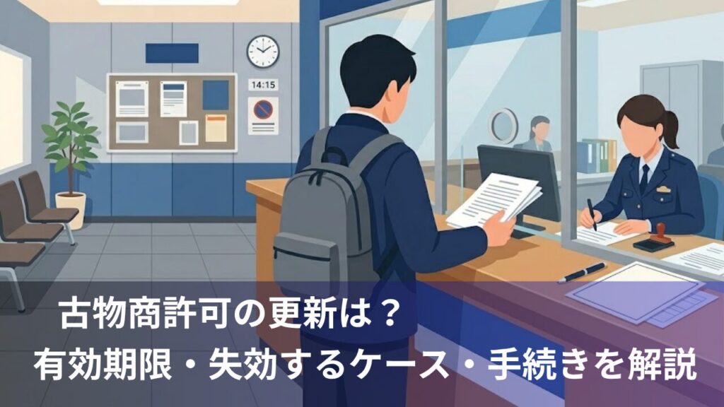 古物商許可の申請書類を警察署の窓口に提出する人のイラスト