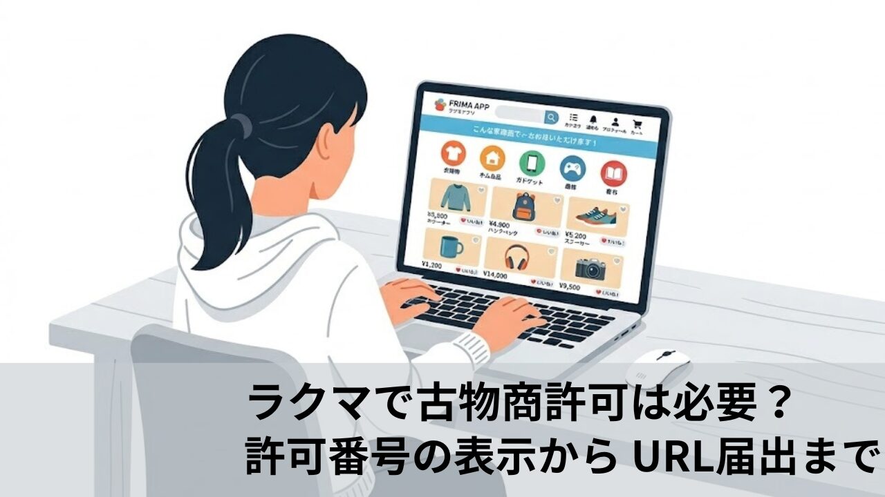 ノートパソコンでフリマアプリを操作する女性の後ろ姿のイラスト