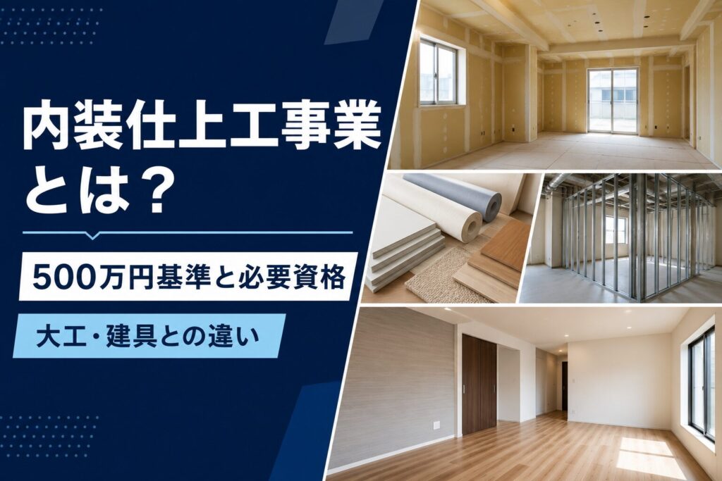 内装仕上工事業の500万円基準と必要資格、大工工事・建具工事との違いを示したアイキャッチ画像