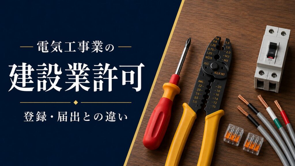 電気工事業の建設業許可と電気工事業法の登録・届出の違いを解説するアイキャッチ