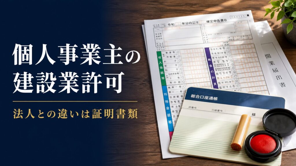 個人事業主の建設業許可について、確定申告書や通帳などの証明書類を確認する様子