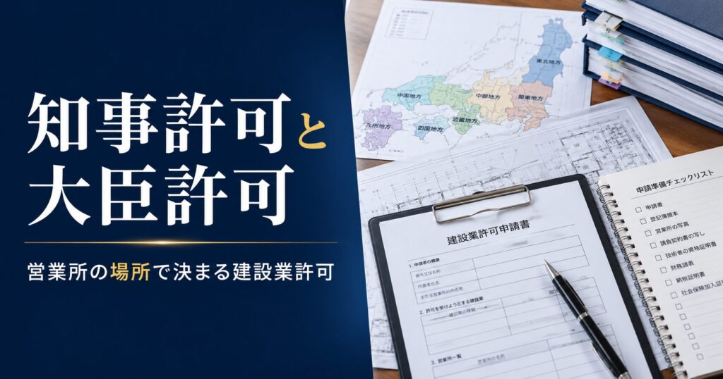 建設業許可の知事許可と大臣許可の違いを、営業所の所在地と申請書類で整理したアイキャッチ