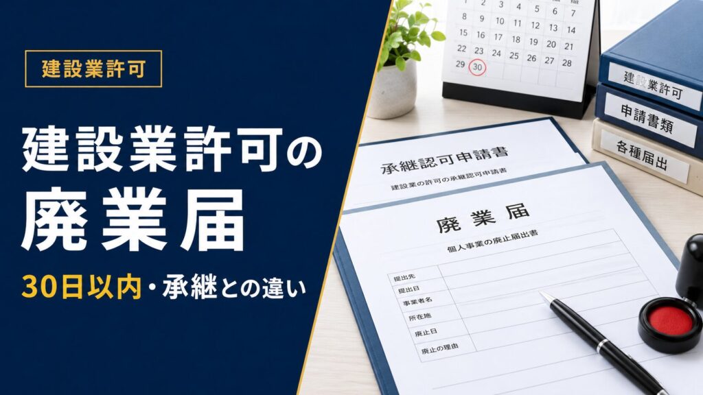 建設業許可の廃業届と承継認可の違い、30日以内の提出期限を示したアイキャッチ画像