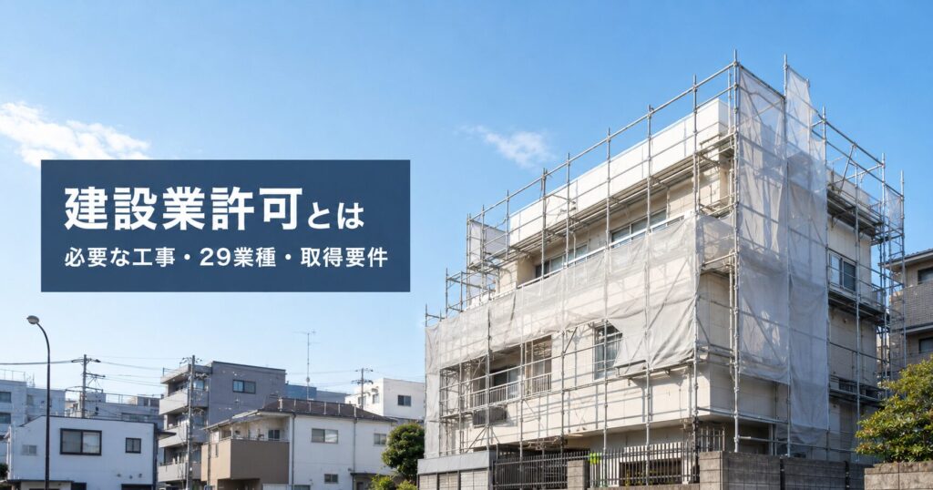 外壁改修工事の足場が組まれた建物と建設業許可の解説