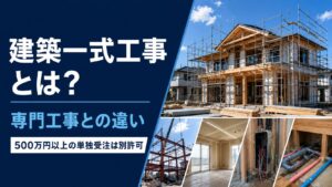 建築一式工事と専門工事の違い、500万円以上の単独受注には別許可が必要なことを示したアイキャッチ画像