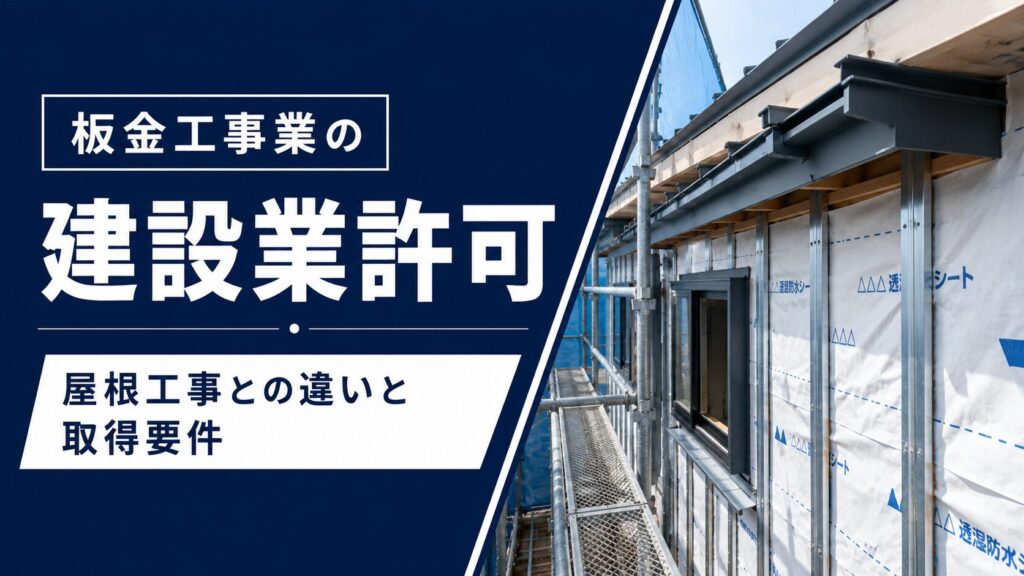 板金工事業の建設業許可を解説するアイキャッチ。左側に記事タイトル、右側に施工中の建物外壁と金属製の雨樋・水切り。