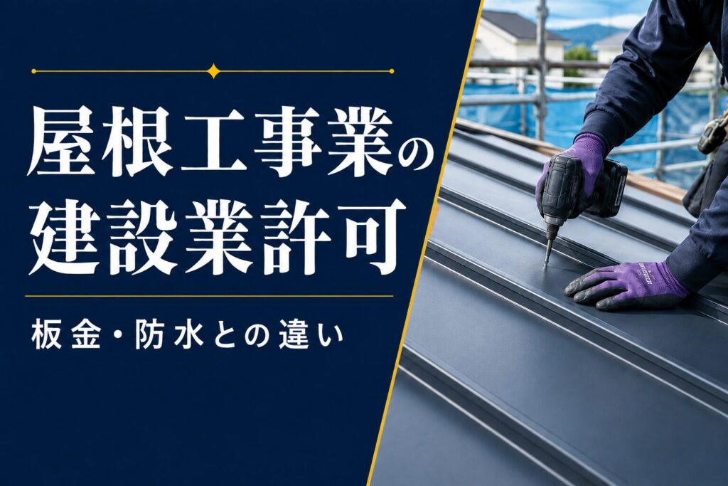 屋根工事業の建設業許可について、金属屋根の施工写真とともに、板金工事・防水工事との違いを示したアイキャッチ画像。