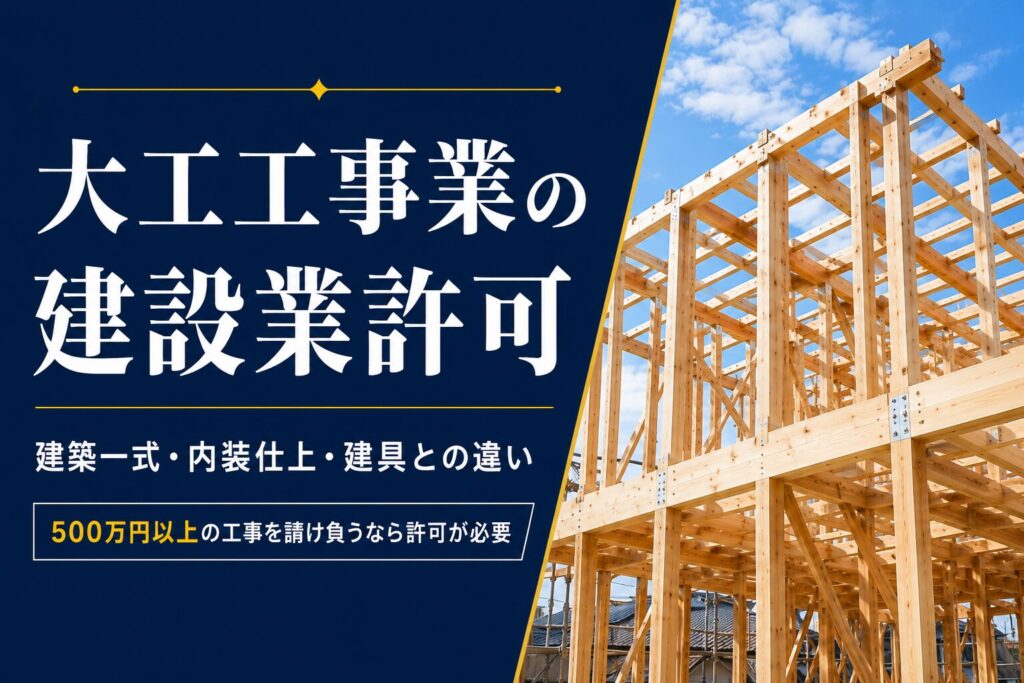 大工工事業の建設業許可について、木造住宅の建て方の写真とともに、建築一式・内装仕上・建具との違いや500万円基準を示したアイキャッチ画像。