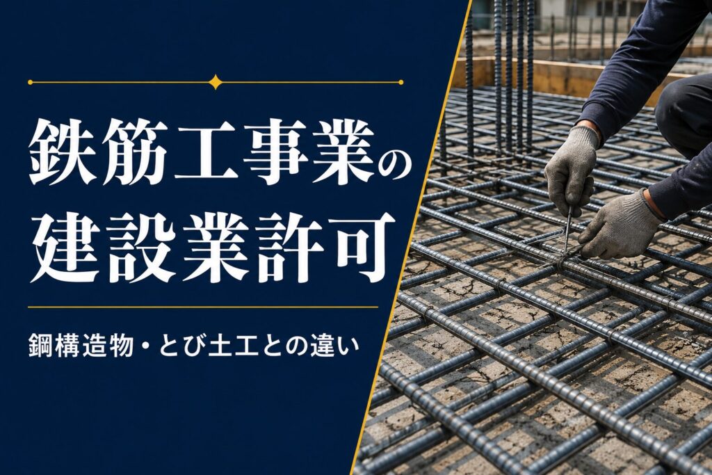 鉄筋工事業の建設業許可について、鉄筋の配筋作業の写真とともに、鋼構造物工事・とび土工との違いを示したアイキャッチ画像。