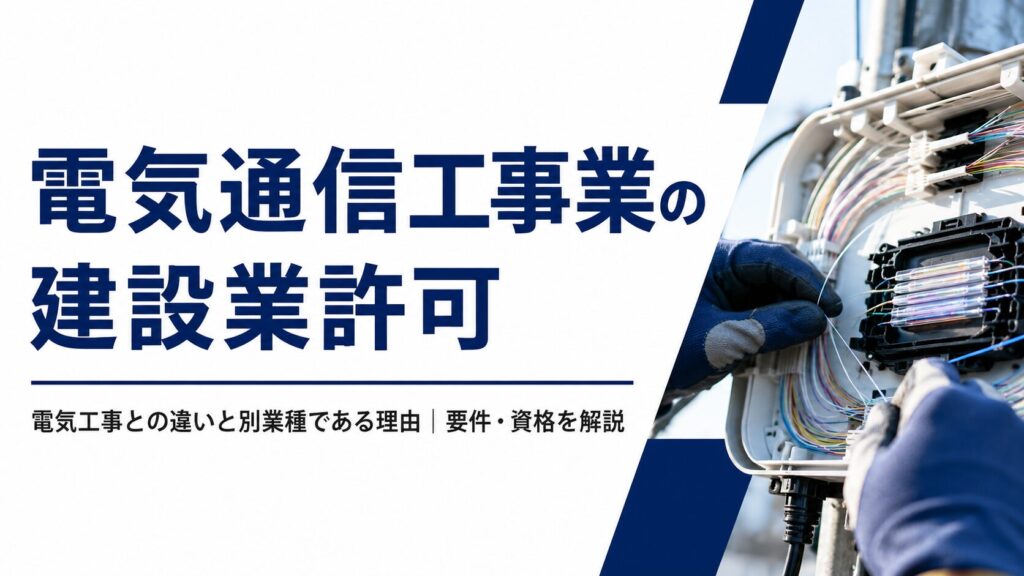 電気通信工事業の建設業許可について、光ファイバー配線工事の作業写真とともに、電気工事との違い・要件・資格を解説する記事のアイキャッチ画像。