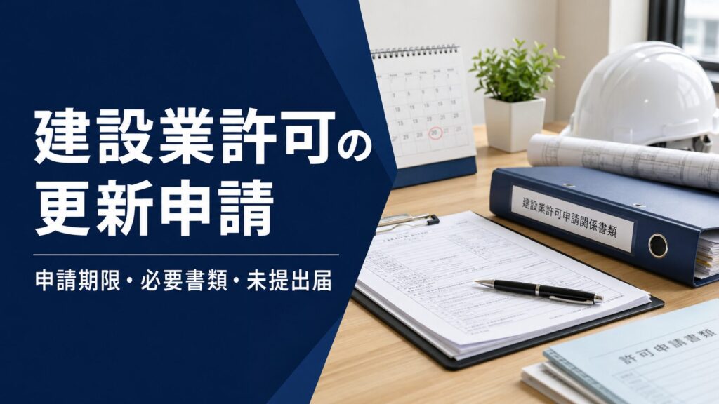 建設業許可の更新申請に必要な書類と期限を示すデスク風景
